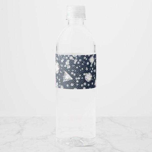 Blue Jean Denim & Diamonds Bling Diamond Heart Water Bottle Label
