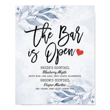 Blue Leaves Wedding The Bar is Open Drink Menu Poster