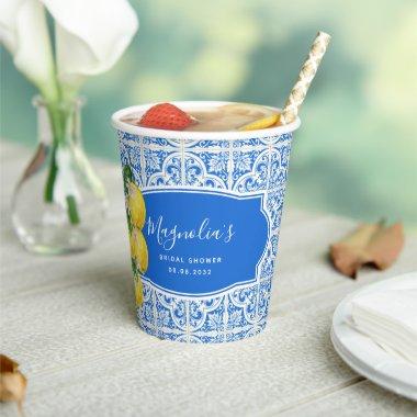 Blue Mediterranean Citrus Lemon Bridal Shower Paper Cups