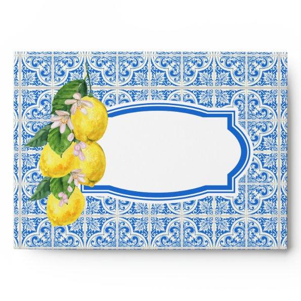 Blue Mediterranean Citrus Lemon Return Address Envelope