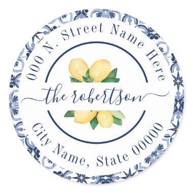 Blue Mediterranean Lemons Return Address Classic Round Sticker