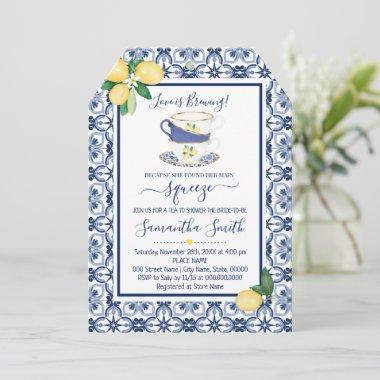 Blue Mediterranean Lemons Tea Bridal Shower Holiday Invitations