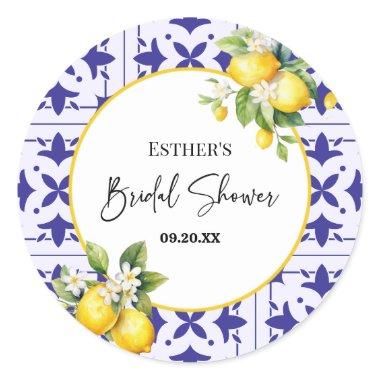 Blue Mediterranean Tile Lemon Bridal Shower Classic Round Sticker