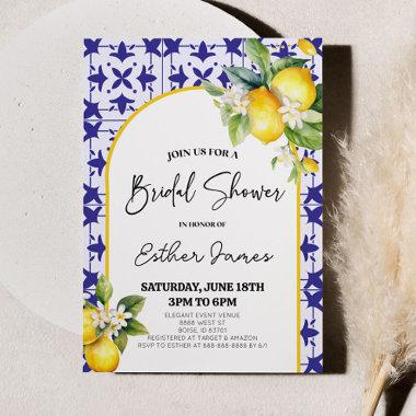 Blue Mediterranean Tile Lemon Bridal Shower Invitations