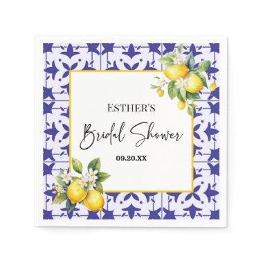 Blue Mediterranean Tile Lemon Bridal Shower Napkins