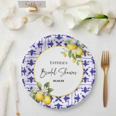 Blue Mediterranean Tile Lemon Bridal Shower Paper Plates