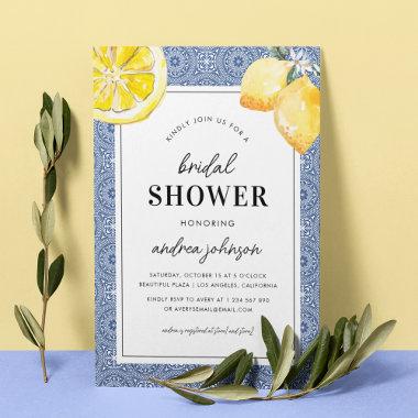 Blue Mediterranean Tile Lemon Simple Bridal Shower Invitations