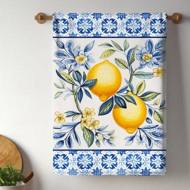 Blue Mediterranean Tiles With Lemons Kitchen Towel