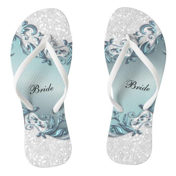 Blue Metallic Floral & Confetti Glitter | Wedding Flip Flops