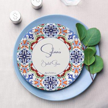 Blue Mexican colorful tiles  printed Paper Plates