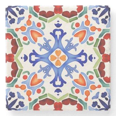 Blue Mexican colorful tiles  printed Stone Coaster