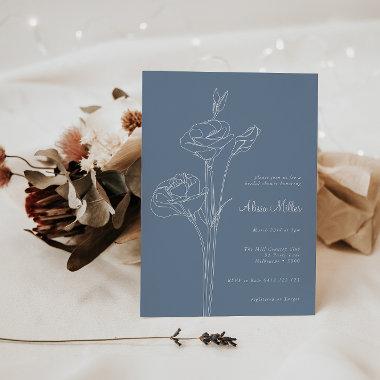 Blue Minimalist Line Floral Bridal Shower Invitations