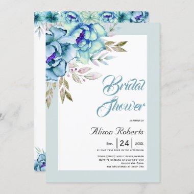 Blue, mint green watercolor flowers bridal shower Invitations