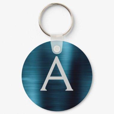 Blue Modern Faux Stainless Steel Monogram Keychain