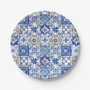 Blue Mosaic Tiles Birthday Bridal Baby Shower Paper Plates