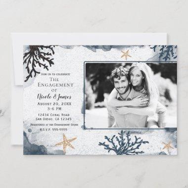 Blue Nautical Coral Watercolor Engagement Photo Invitations