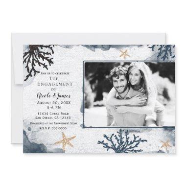 Blue Nautical Coral Watercolor Engagement Photo Invitations