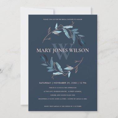BLUE NAVY PINK FOLIAGE WREATH BRIDAL SHOWER Invitations
