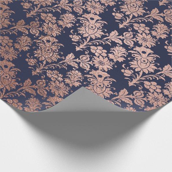 Blue Navy Pink Rose Gold Powder Faux Blush Floral Wrapping Paper