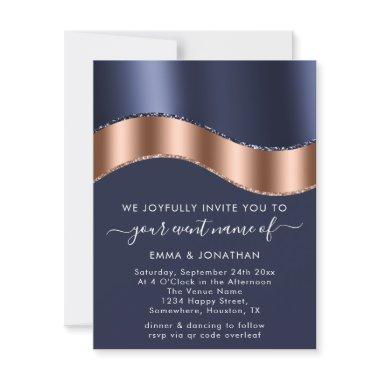 Blue Navy Rose Gold Border Wave QR Code Wedding