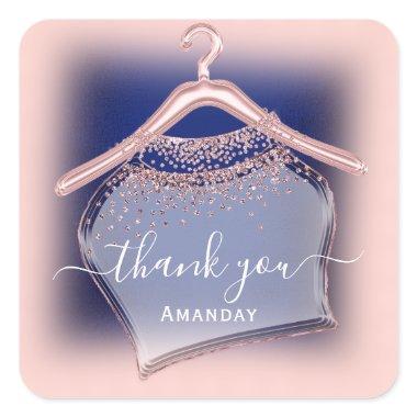Blue Navy Rose Thank You Name Crystal Glitter Square Sticker