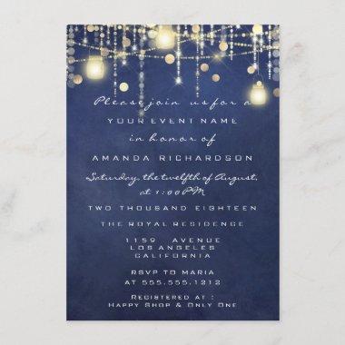 Blue Navy Rustic Gold Lights Jar Bridal Shower Invitations