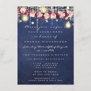 Blue Navy Rustic Gold Lights Jar Bridal Wedding Invitations