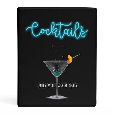 Blue Neon Cocktail Recipe Organizer Martini Glass Mini Binder