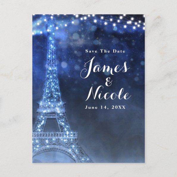 Blue Night in Paris Eiffel Tower Save the Date Announcement PostInvitations