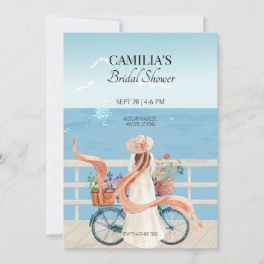 Blue Ocean summer girl with bicycle bridal shower Invitations