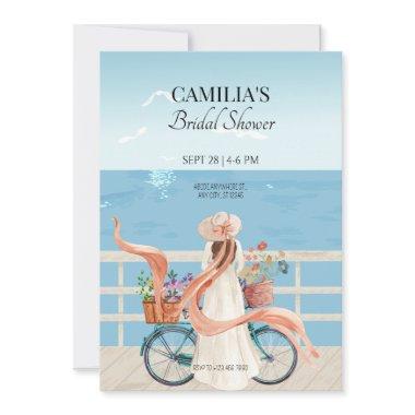 Blue Ocean summer girl with bicycle
