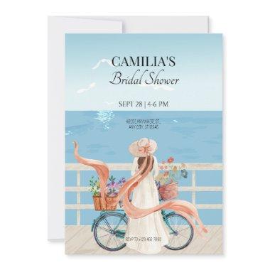 Blue Ocean summer girl with bicycle bridal shower Invitations