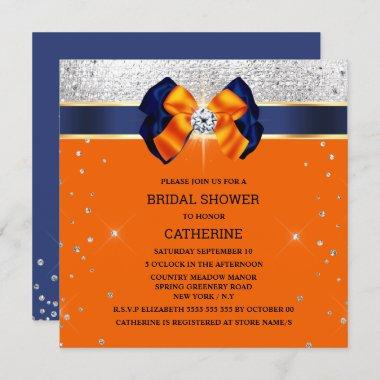 Blue orange silver glitter bow elegant sparkle Invitations