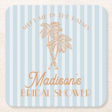 Blue Palm Spring Pastel Beach  Square Paper Coaster