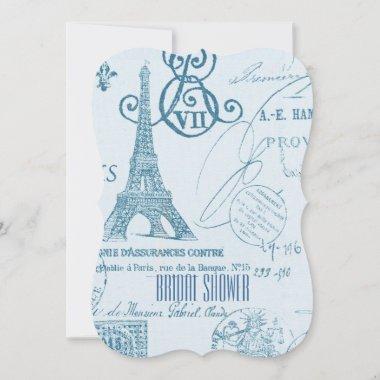 blue paris eiffel tower vintage bridal shower Invitations