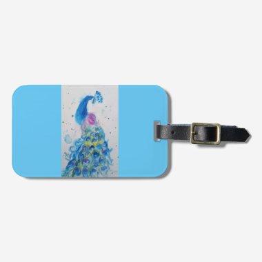 Blue Peacock Bird Watercolour Luggage Tag