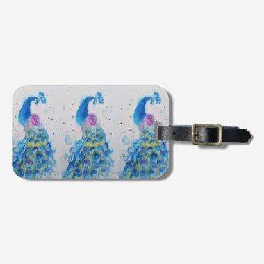 Blue Peacock Bird Watercolour Luggage Tag