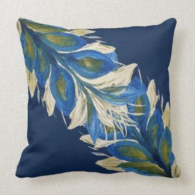 Blue Peacock Leafs Watercolor Hand-painted Navy Throw Pillow