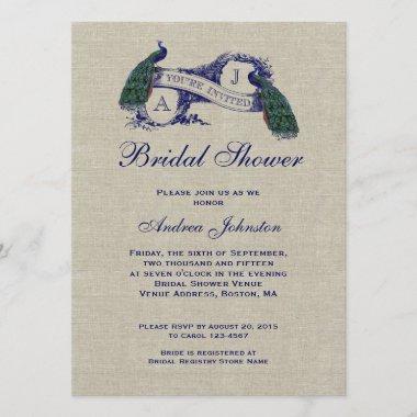 Blue Peacock Rustic Linen | Bridal Shower Invitations