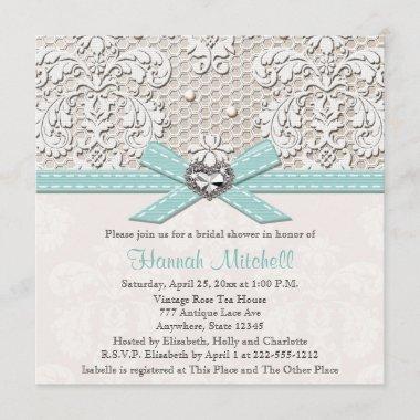 Blue Pearl Lace Diamond Bridal Shower Invitations