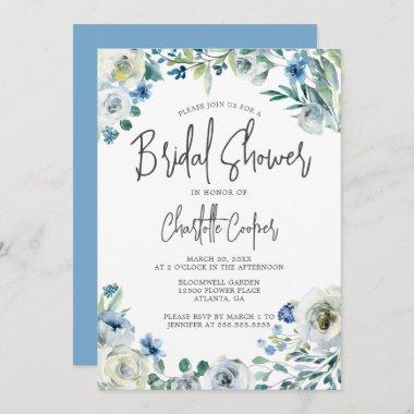 Blue Peony Floral Spring Garden Bridal Shower Invitations