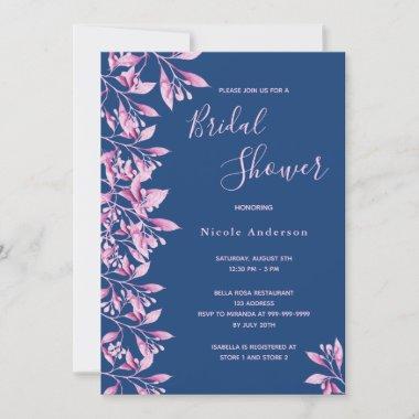 Blue pink floral botanical foliage Bridal Shower Invitations