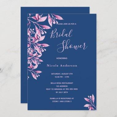 Blue pink floral botanical script Bridal Shower Invitations