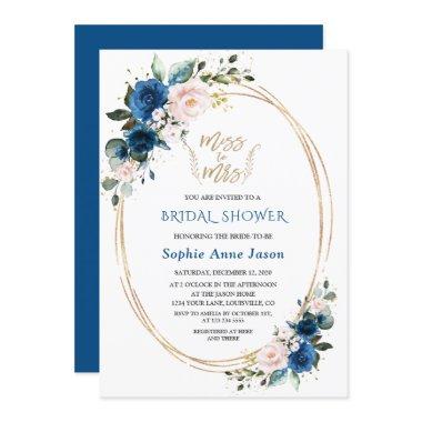 Blue Pink Floral Gold Miss To Mrs Bridal Shower Invitations