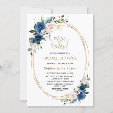 Blue Pink Floral Gold Miss To Mrs Bridal Shower Invitations