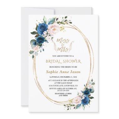 Blue Pink Floral Gold Miss To Mrs Bridal Shower Invitations