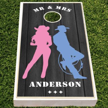 Blue & Pink Mr Mrs Husband Wife Wood Cowboy Cornhole Set