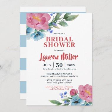 Blue Pink Peonies Flower Floral Bridal Shower Invitations