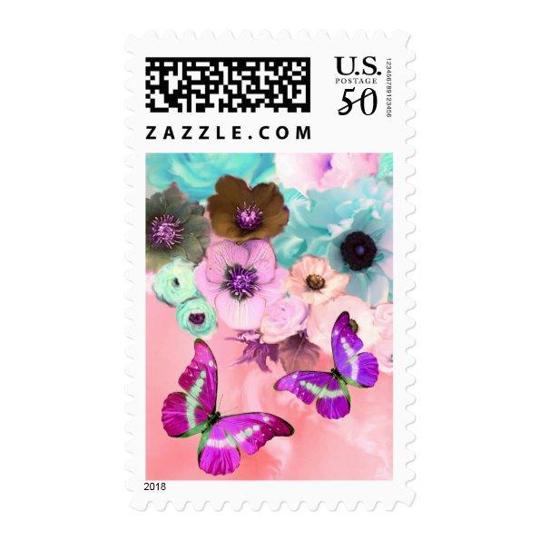 BLUE PINK ROSES,ANEMONE FLOWERS AND BUTTERFLIES POSTAGE