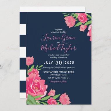 Blue Pink Roses Flower Bouquet Floral Wedding Invitations